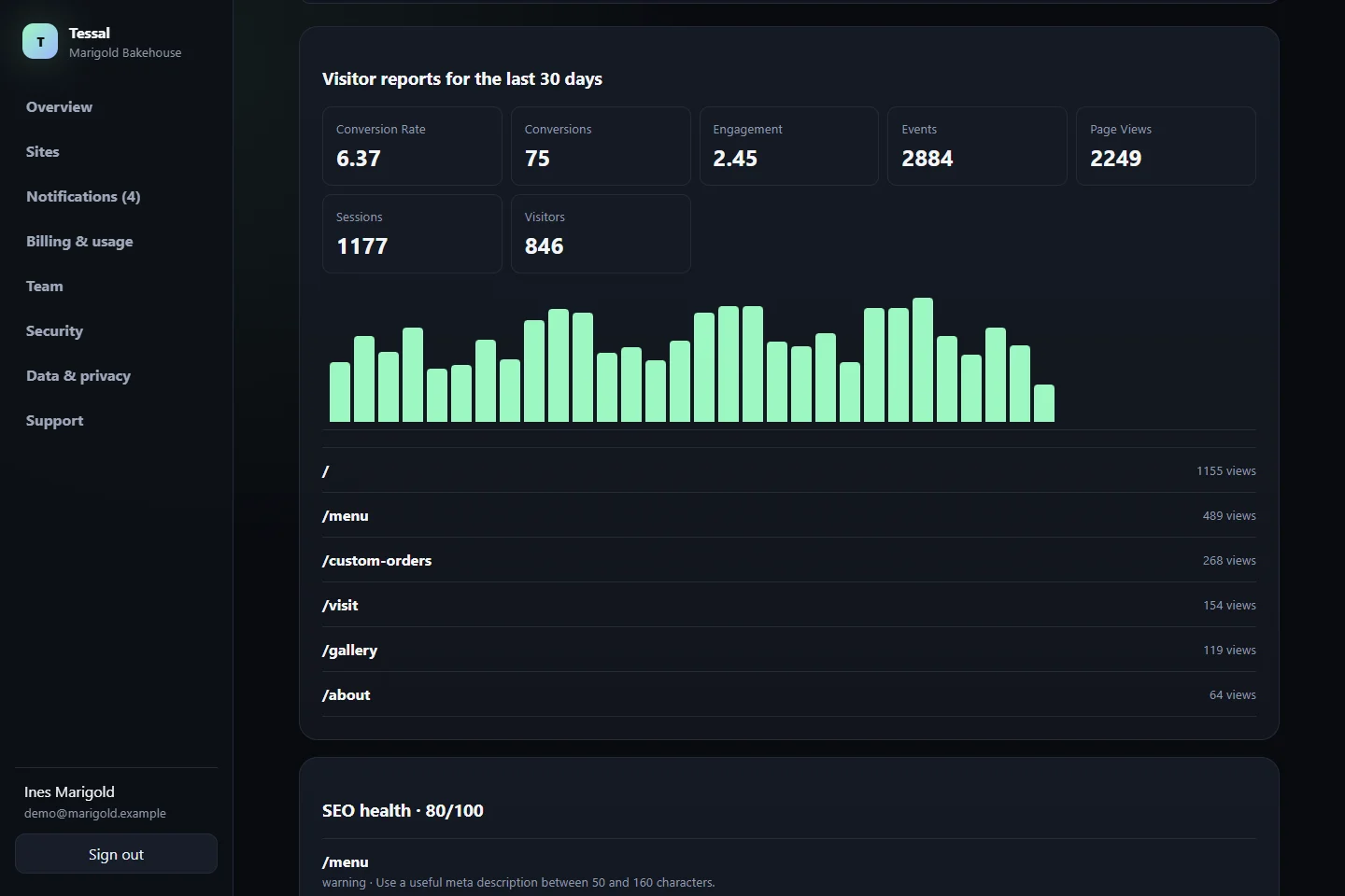 Visitor reports in the Tessal dashboard: visitors, sessions and conversions over the last 30 days with the top pages and sources