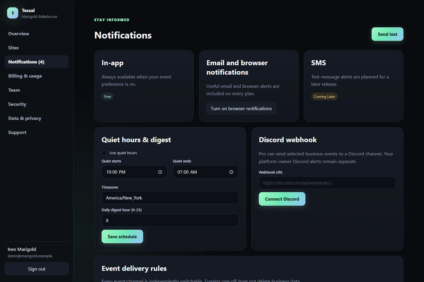 Notification settings in the Tessal dashboard: each kind of update with its email, browser and Discord delivery choices