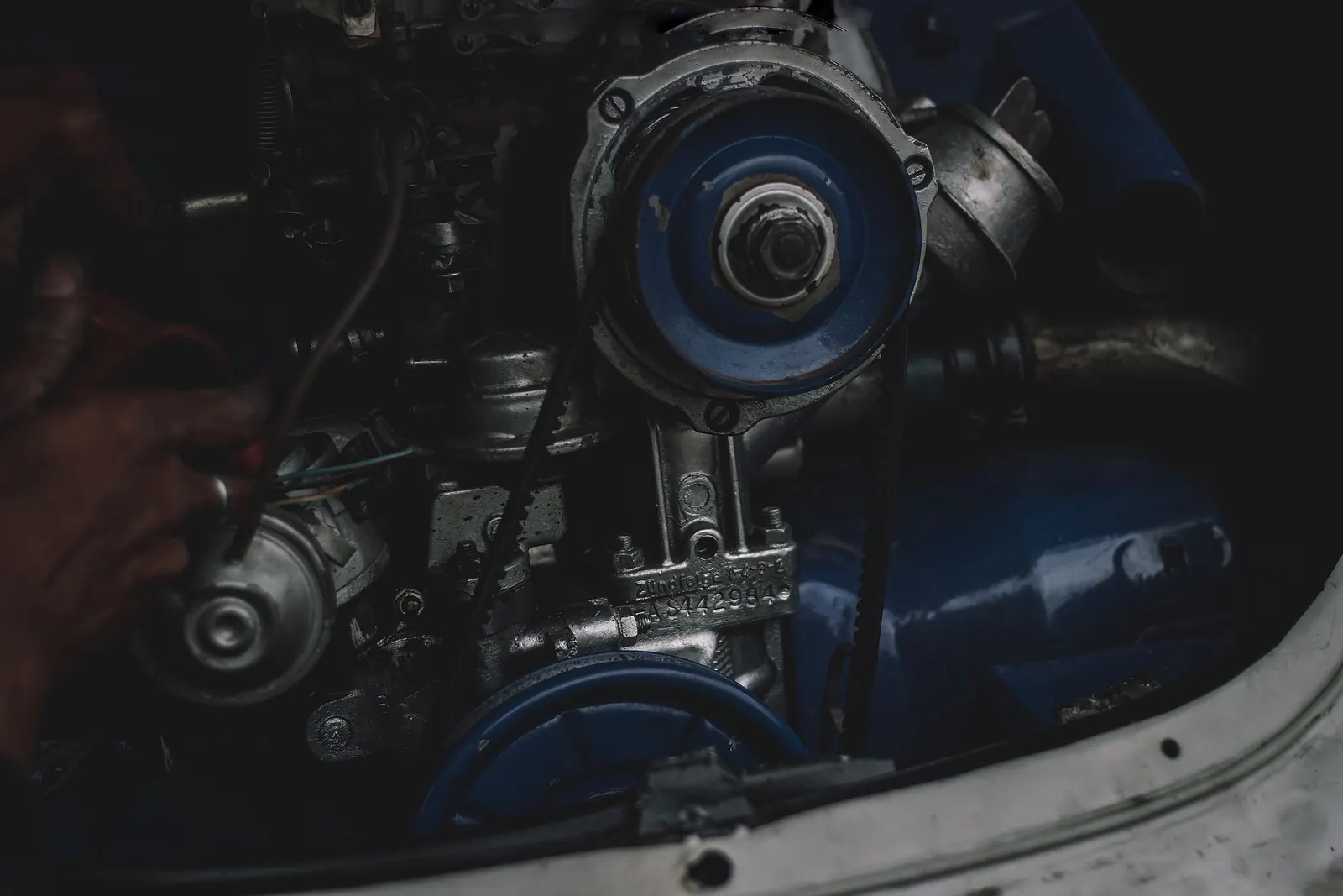 A close look at an engine bay under low light