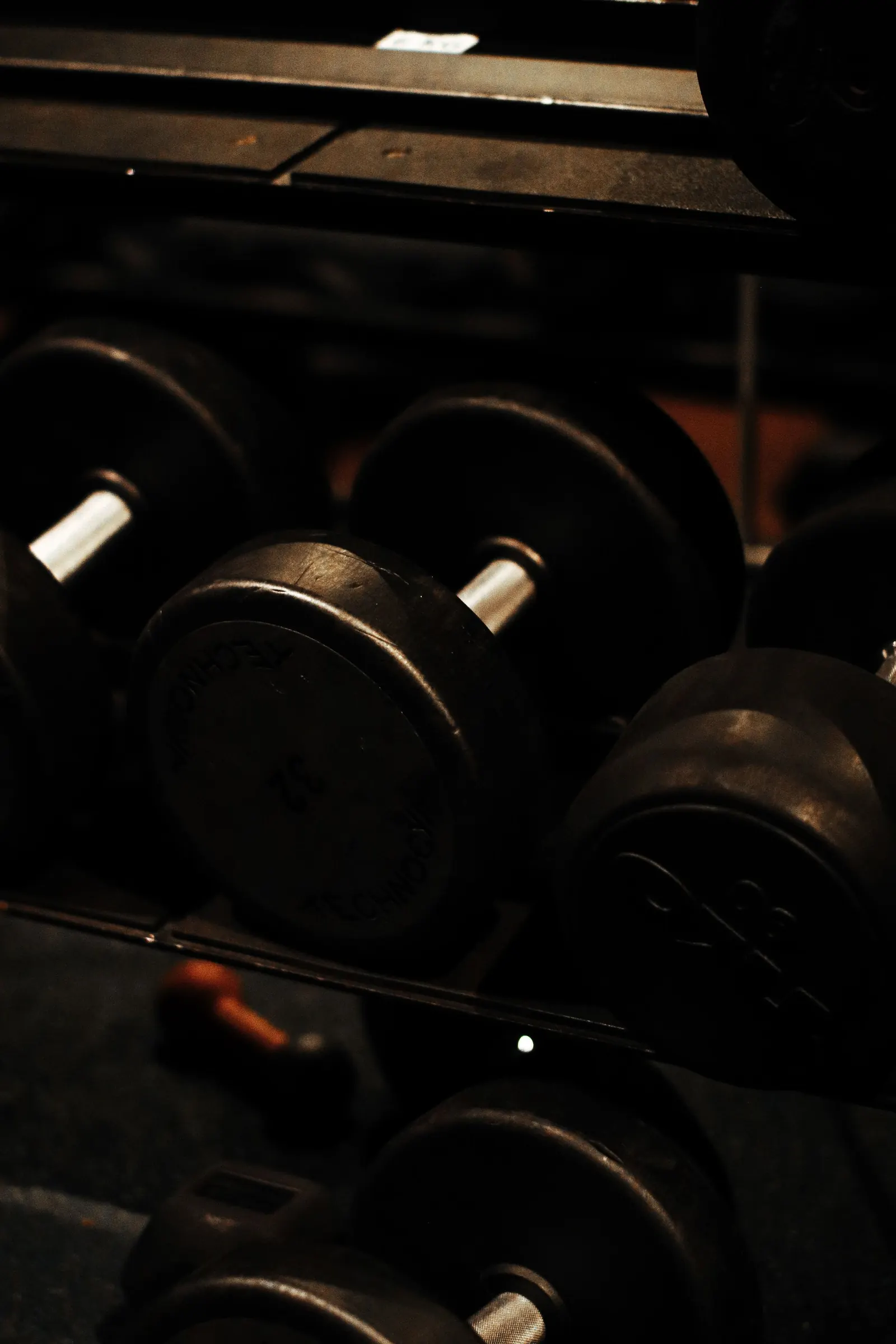 Dumbbells racked in a dimly lit training room