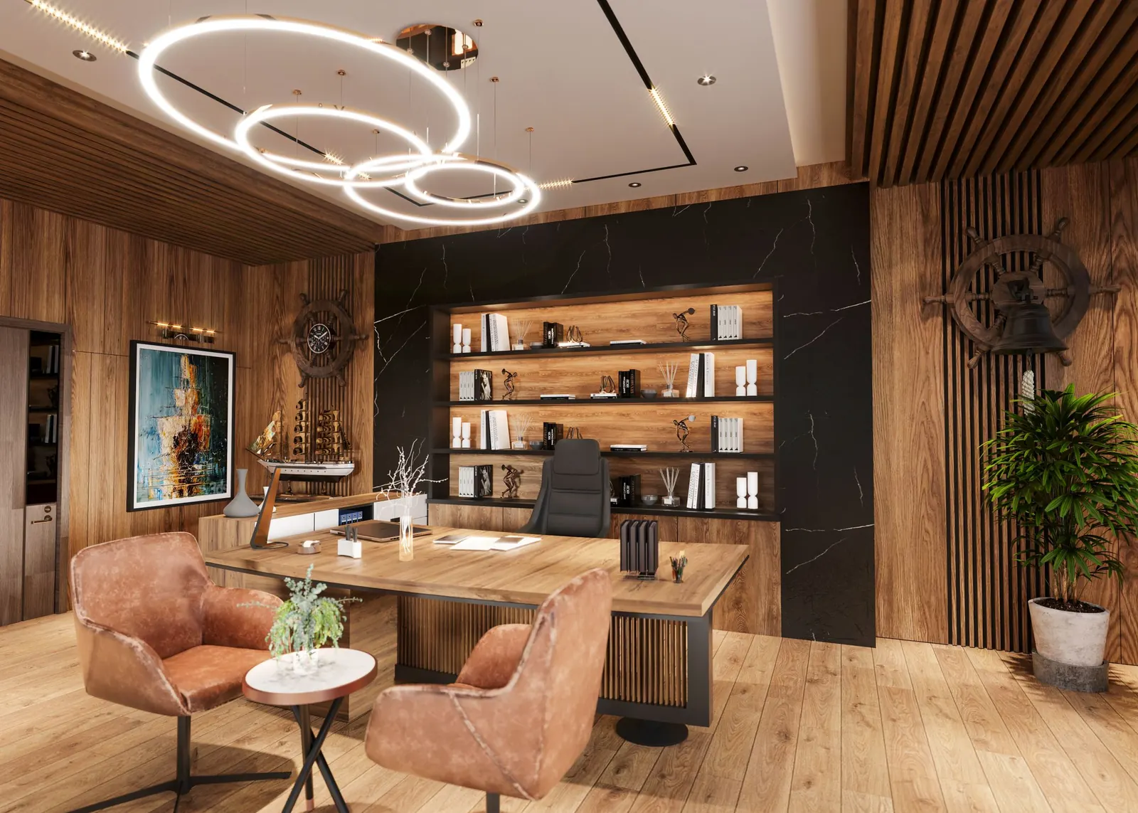 A calm office arranged for a private conversation