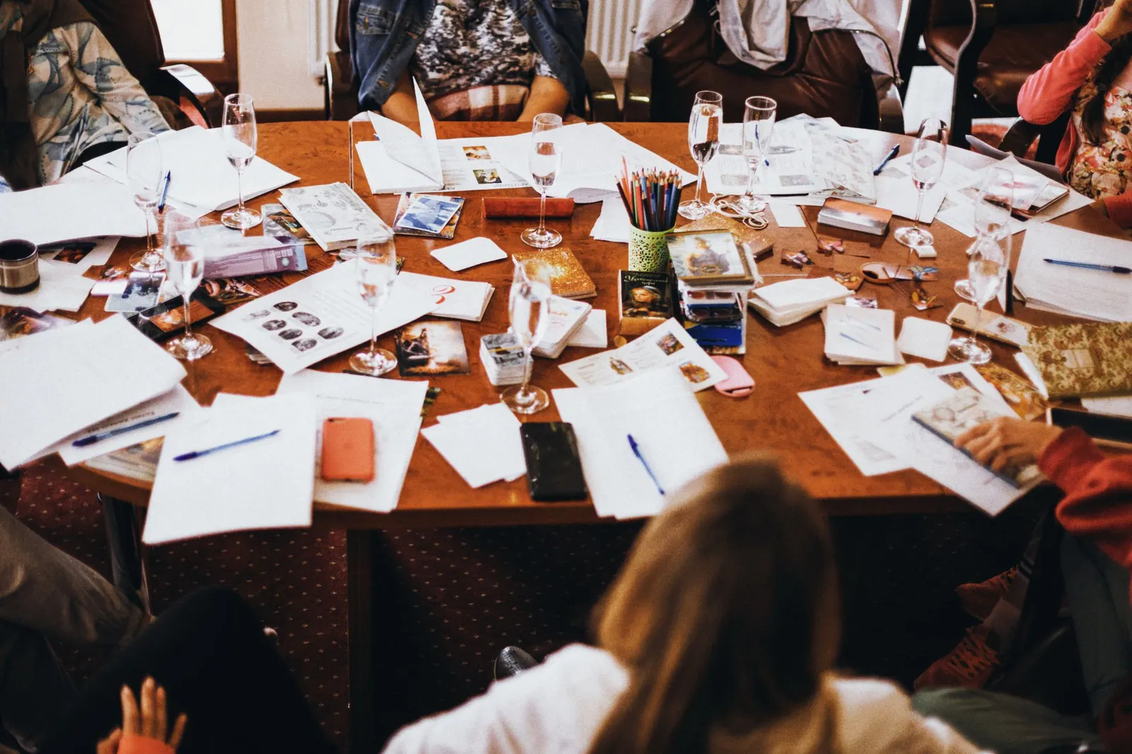 A working table covered with plans and notes